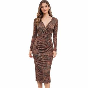 Peruvian Connection Printed Bodycon Dress Size M Ruched V Neck Boho Artsy